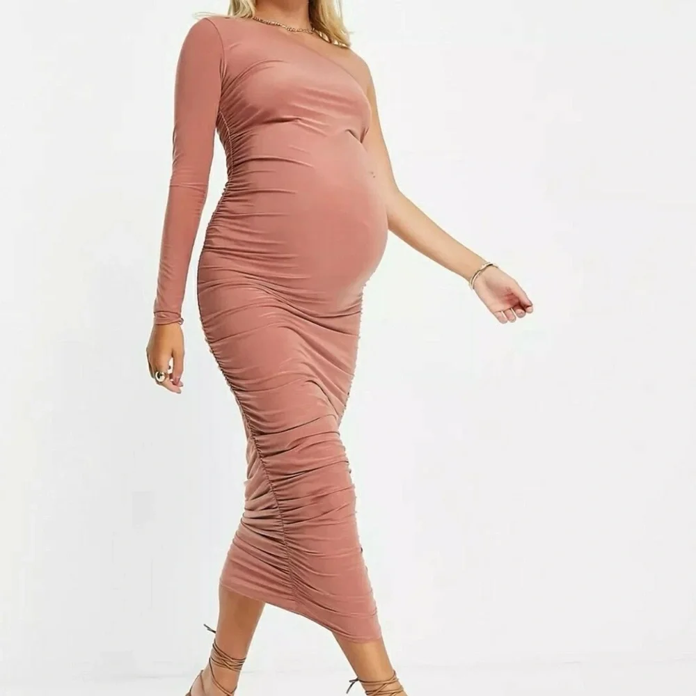 Missguided Maternity One-Shoulder Ruched Special Occasion Semi-Formal Midi Dress - Picture 1 of 11